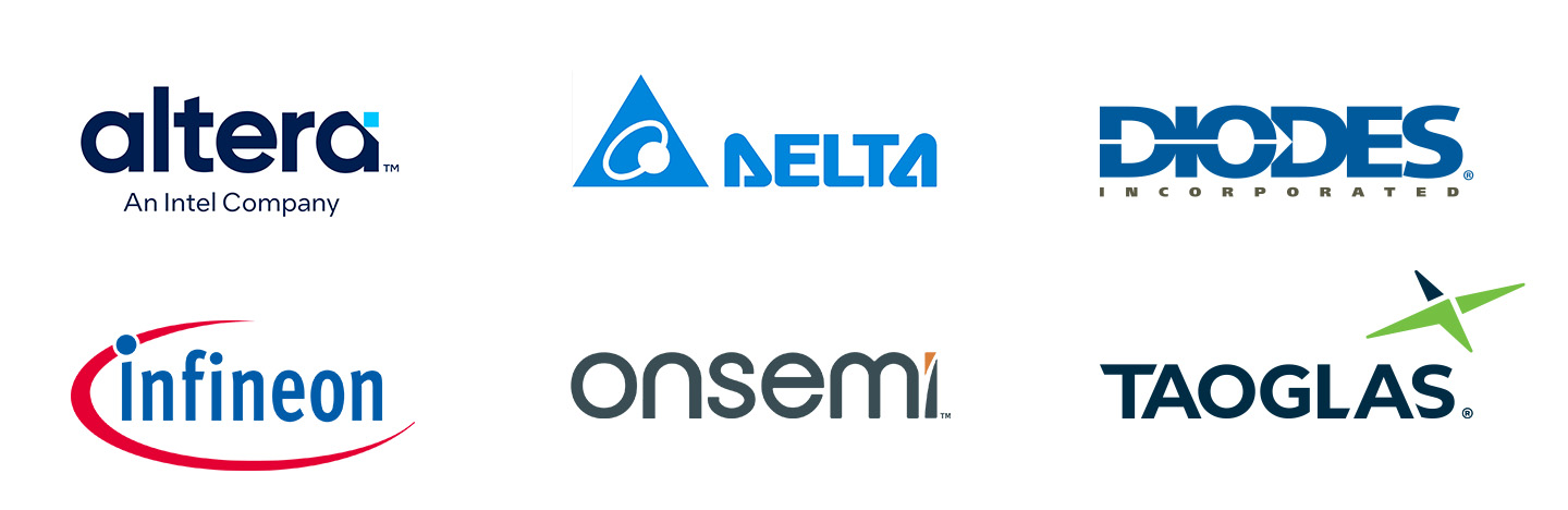Participting partner logos - Delta, Diodes, Infineon, onsemi & Taoglas
